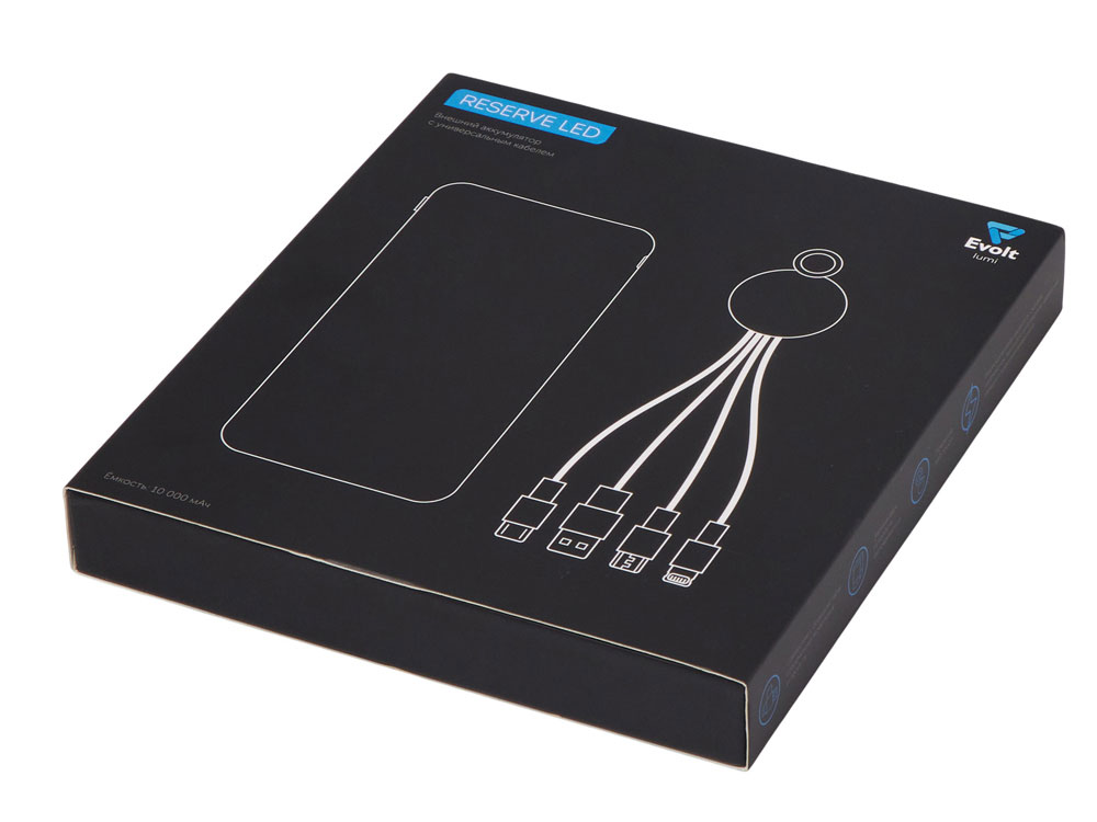 Набор из внешнего аккумулятора и универсального кабеля с подсветкой лого Reserve LED, 10000mAh Набор из внешнего аккумулятора и универсального кабеля с подсветкой лого Reserve LED, 10000mAh