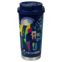 Термокружка Cosmostar Print Sample "Megagen" металлическая, 550 мл, темно-синяя  с серебром в тубусе