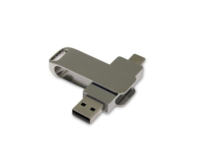 USB 3.0- флешка на 16 Гб поворотный механизм 2 в 1, c дополнительным разъемом Type-C с одноцветным металлическим клипом, серебристый