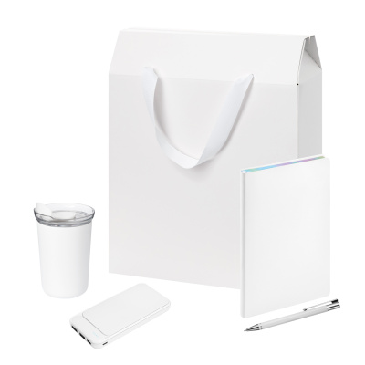 Подарочный набор Велком Пак (Welcome Pack), белый (термокружка, ежедневник, ручка, ЗУ, коробка-пакет)