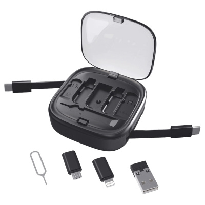 Кабель зарядный выдвижной USB Solid Link 5-в-1 на Lightning, Micro-USB, Type-C «U50» 2,4 A, C to C, Quick Charge с подставкой для телефона, квадратный, черный