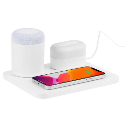 Станция беспроводной зарядки с колонкой и ночником Trilogy, белая Станция беспроводной зарядки с колонкой и ночником Trilogy, белая
