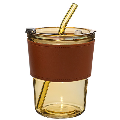 Стакан стеклянный с трубочкой и капхолдером Karamel, золотой