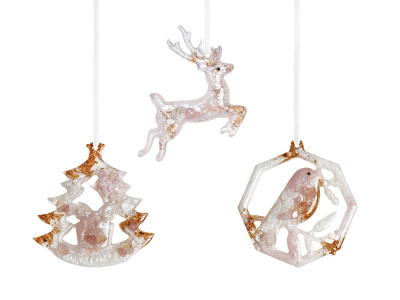 Елочные игрушки ( Снегирь+ Олень+ Ель) Розовый кварц