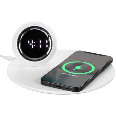 Станция беспроводной зарядки с часами и подсветкой GlobeBee, белая Станция беспроводной зарядки с часами и подсветкой GlobeBee, белая