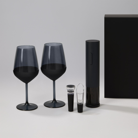 Подарочный набор 2 бокала для вина Блэк Эдишн (Black Edition) + набор для вина Сакраменто (Sacramento) в черной коробке