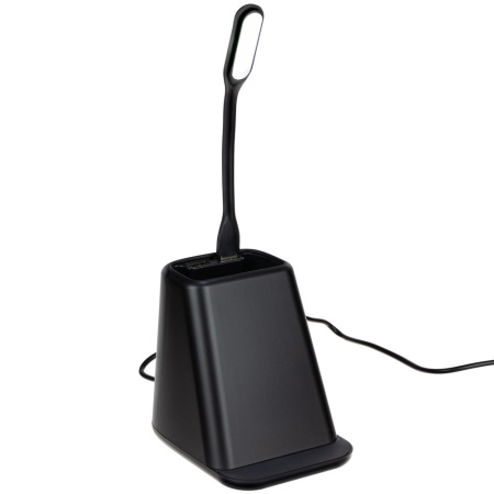 Настольный органайзер с зарядкой, лампой, вентилятором и подсветкой логотипа powerTower, черный Настольный органайзер с зарядкой, лампой, вентилятором и подсветкой логотипа powerTower, черный