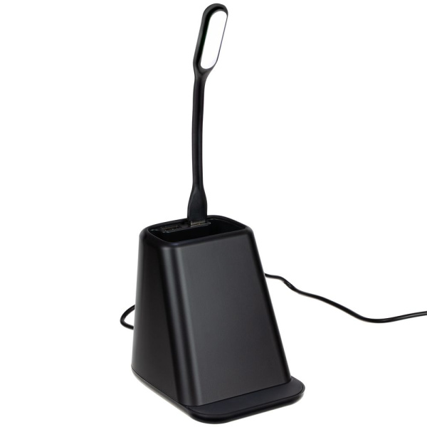 Настольный органайзер с зарядкой, лампой, вентилятором и подсветкой логотипа powerTower, черный Настольный органайзер с зарядкой, лампой, вентилятором и подсветкой логотипа powerTower, черный