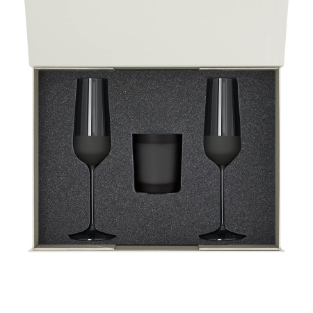 Подарочный набор свеча Энигма (Enigma) + 2 бокала для шампанского Блэк Эдишн (Black Edition) в серой коробке