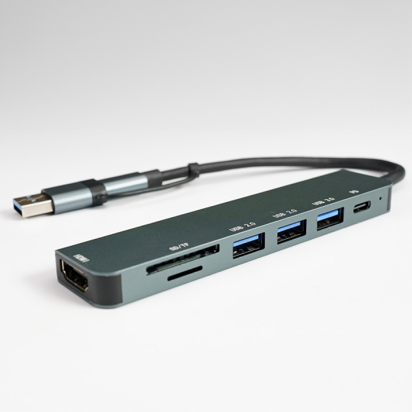 USB-хаб STEM 7 в 1, серый, алюминий