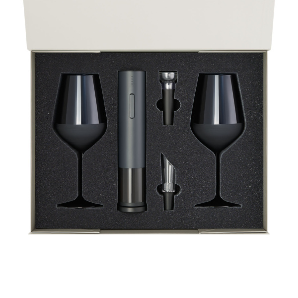 Подарочный набор 2 бокала для вина Сапфир (Sapphire) + набор для вина с электрическим штопором Сакраменто (Sacramento), в серой коробке