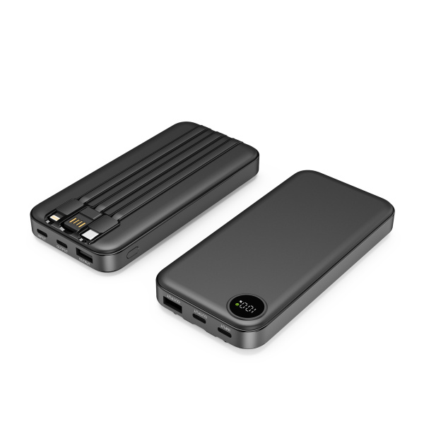 Зарядное устройство "Форт" 10000 mAh с подсветкой логотипа, встроенными кабелями и цифровым индикатором заряда