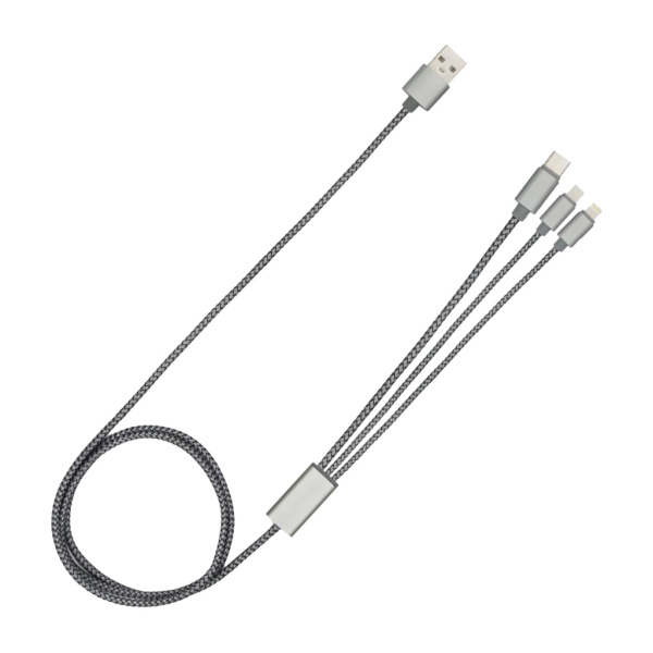 Кабель зарядный выдвижной USB OmniCore 60W 3-в-1 на Lightning, Micro-USB, Type-C «U50» 2,4 A, Quick Charge в пластиковом футляре, серый