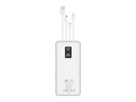 RIVACASE VA2220 (20000 мАч) внешний аккумулятор с дисплеем и встроенными кабелями, белый, 12/24