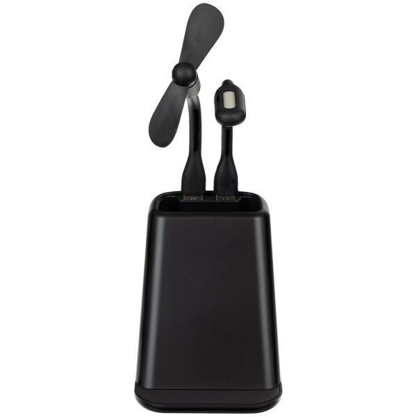 Настольный органайзер с зарядкой, лампой, вентилятором и подсветкой логотипа powerTower, черный Настольный органайзер с зарядкой, лампой, вентилятором и подсветкой логотипа powerTower, черный