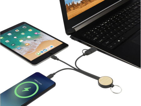 Кабель для зарядки Tecta 6 в 1 из переработанного пластика/бамбука с брелком, сплошной черный Кабель для зарядки Tecta 6 в 1 из переработанного пластика/бамбука с брелком, сплошной черный