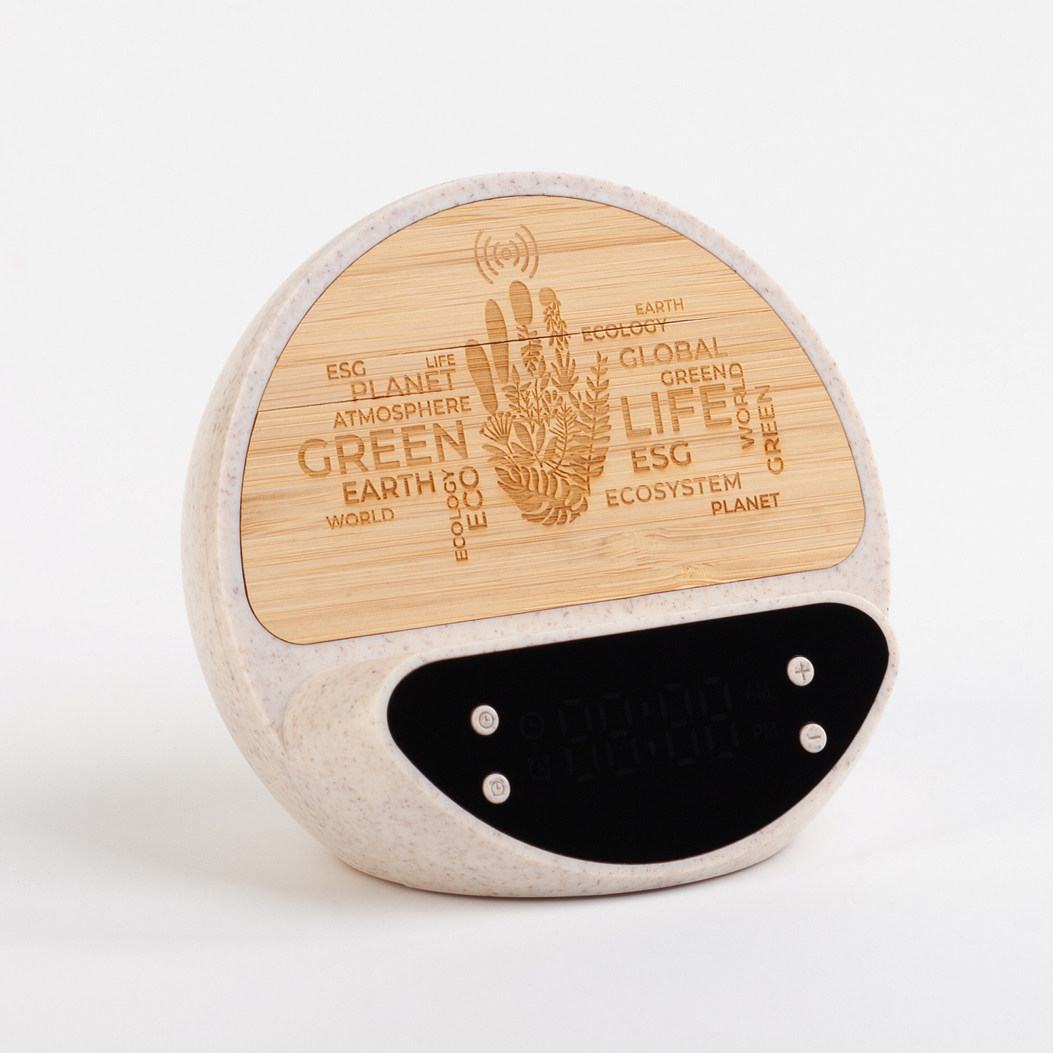 Настольные часы "Smiley" с беспроводным (10W) зарядным устройством и будильником, пшеница/бамбук/пластик Настольные часы "Smiley" с беспроводным (10W) зарядным устройством и будильником, пшеница/бамбук/пластик