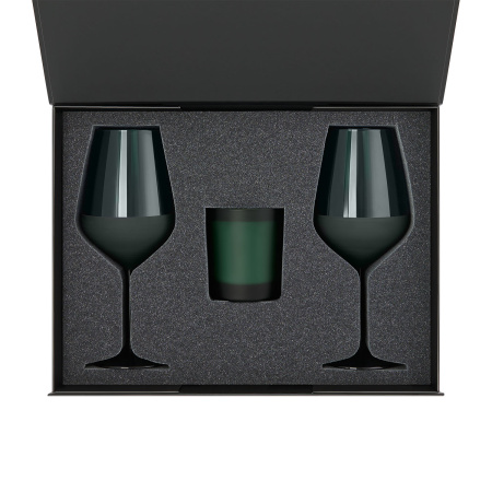 Подарочный набор свеча Enigma + 2 бокала для вина Emerald в черной коробке