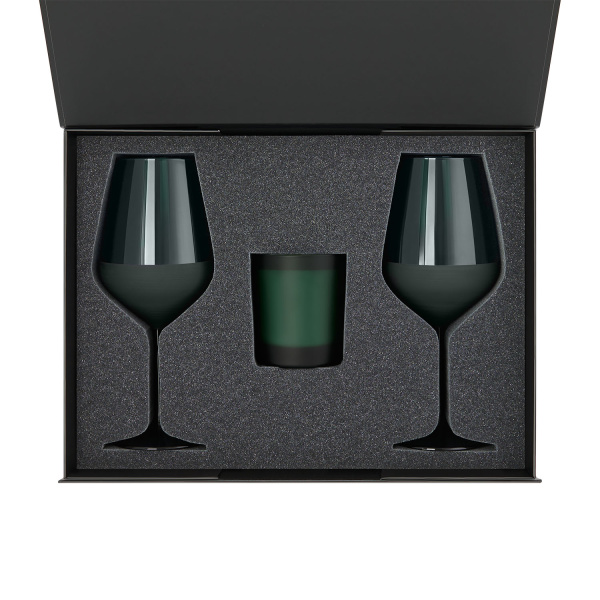 Подарочный набор свеча Enigma + 2 бокала для вина Emerald в черной коробке
