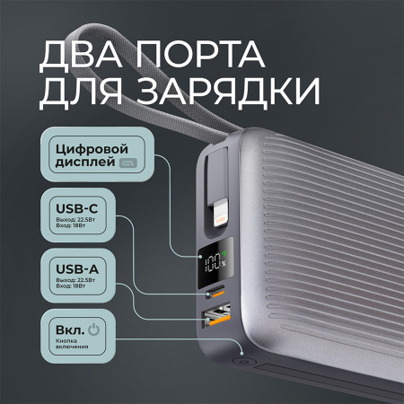 Внешний АКБ NRG Turbo Cable 20000 mAh, 22,5Вт, графит, Deppa