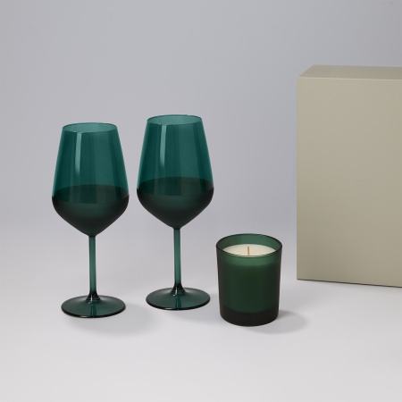 Подарочный набор свеча Enigma + 2 бокала для вина Emerald в серой коробке