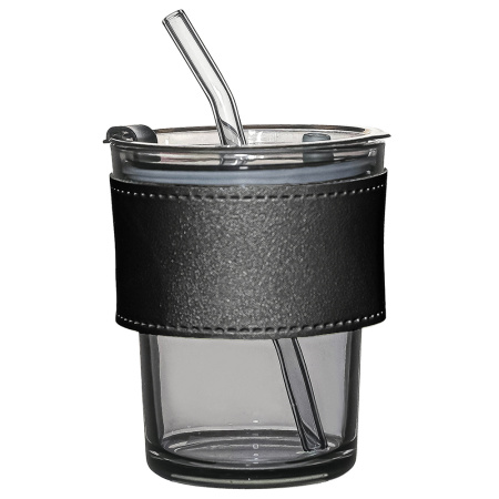 Стакан стеклянный с трубочкой и капхолдером Karamel, черный