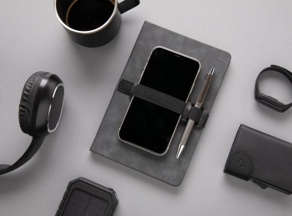 Блокнот Deluxe в твердом переплете из PU с держателем для телефона и ручки, А5