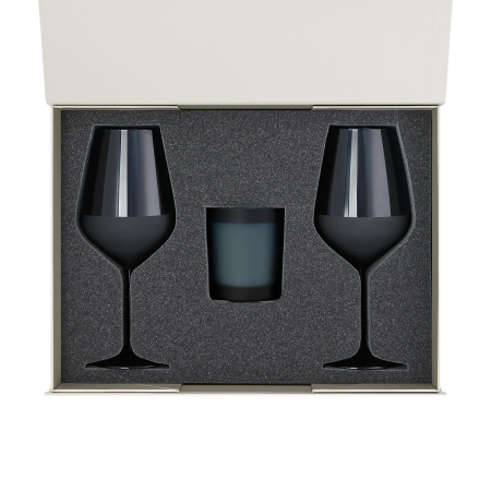 Подарочный набор свеча Энигма (Enigma) + 2 бокала для вина Сапфир (Sapphire) в серой коробке