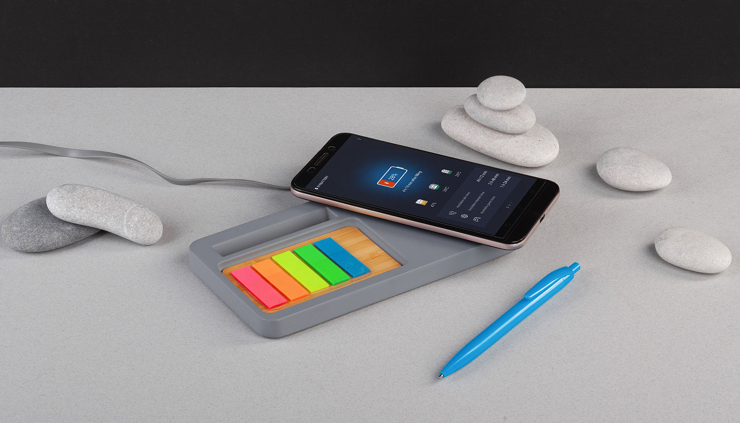 Настольный органайзер "Stonehenge" с беспроводным зарядным устройством, камень/бамбук Настольный органайзер "Stonehenge" с беспроводным зарядным устройством, камень/бамбук