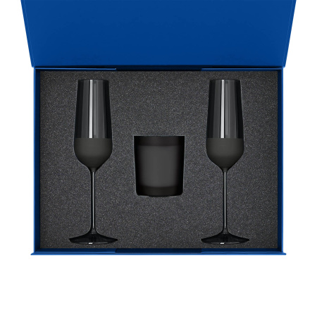 Подарочный набор свеча Enigma + 2 бокала для шампанского Black Edition в синей коробке