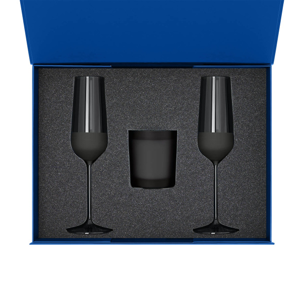 Подарочный набор свеча Enigma + 2 бокала для шампанского Black Edition в синей коробке