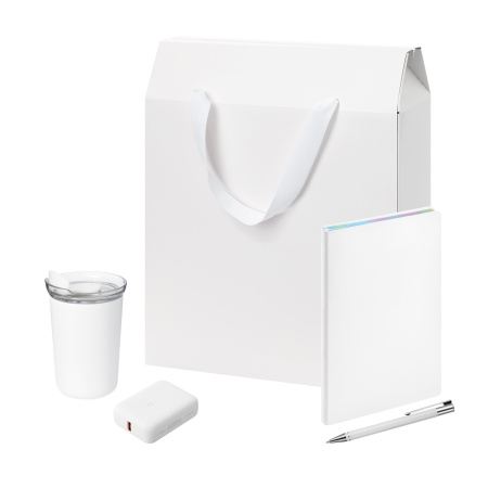 Подарочный набор Велком Пак (Welcome Pack), белый (термокружка, ежедневник, ручка, ЗУ, коробка-пакет)