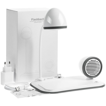 Лампа с колонкой и беспроводной зарядкой Flashback, белая Лампа с колонкой и беспроводной зарядкой Flashback, белая