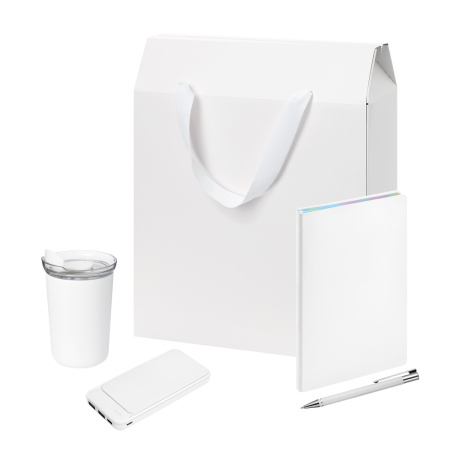 Подарочный набор Велком Пак (Welcome Pack), белый (термокружка, ежедневник, ручка, ЗУ, коробка-пакет)