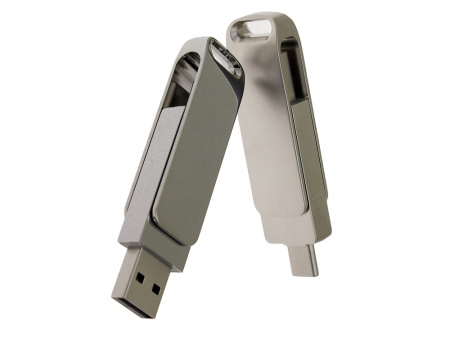 USB-флешка на 128 Гб поворотный механизм 2 в 1, c дополнительным разъемом Type-C с одноцветным металлическим клипом, серебристый