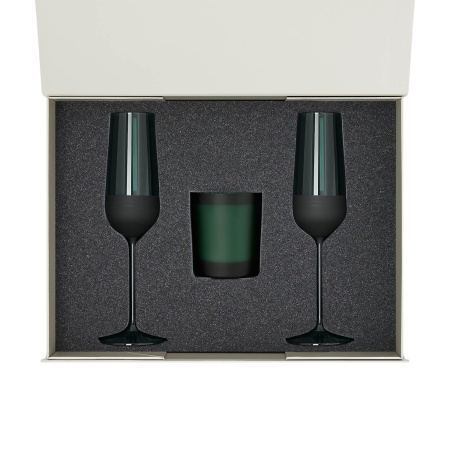 Подарочный набор свеча Энигма (Enigma) + 2 бокала для шампанского Эмеральд (Emerald) в серой коробке
