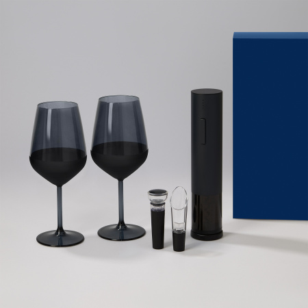 Подарочный набор 2 бокала для вина Black Edition + набор для вина Sacramento в синей коробке