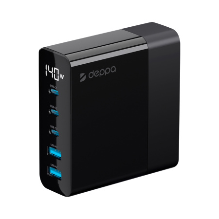 Зарядная станция 3xUSB Type-C, 2xUSB, PD, QC, 140Вт, черный, Deppa