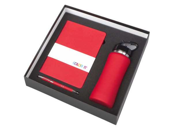 Подарочный набор с блокнотом С2, металлической ручкой и бутылкой для воды, красный
