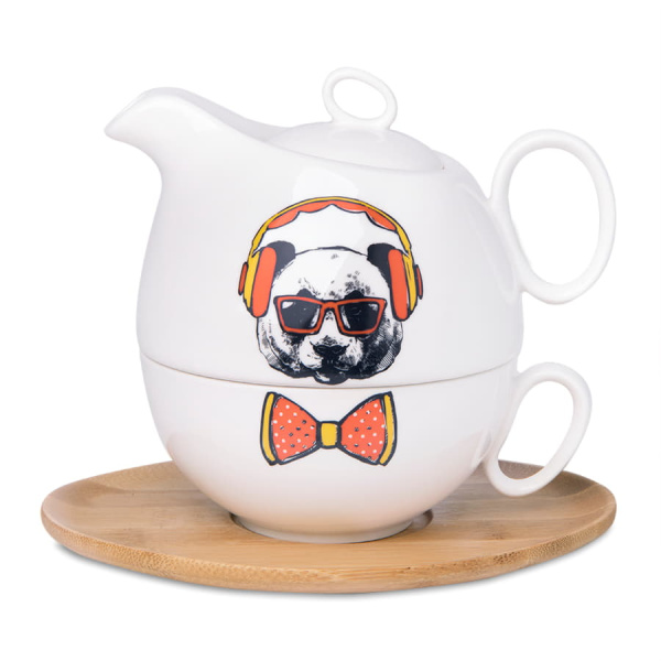 Чайник с кружкой на подставке  "Мила" в упаковке, 22х22х12см,500мл и 300мл, фарфор, бамбук