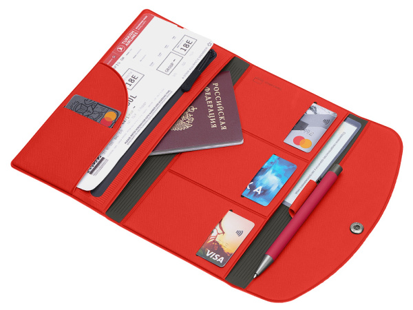 Органайзер для документов на кнопке с отделением для купюр и ручки, упаковка в индивидуальный пакет, красный/серый