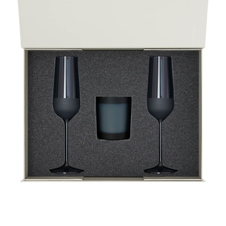 Подарочный набор свеча Энигма (Enigma) + 2 бокала для шампанского Сапфир (Sapphire) в серой коробке
