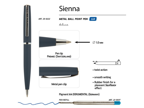 Ручка Sienna шариковая  автоматическая, синий металлический корпус soft-touch, 1.0 мм, синяя