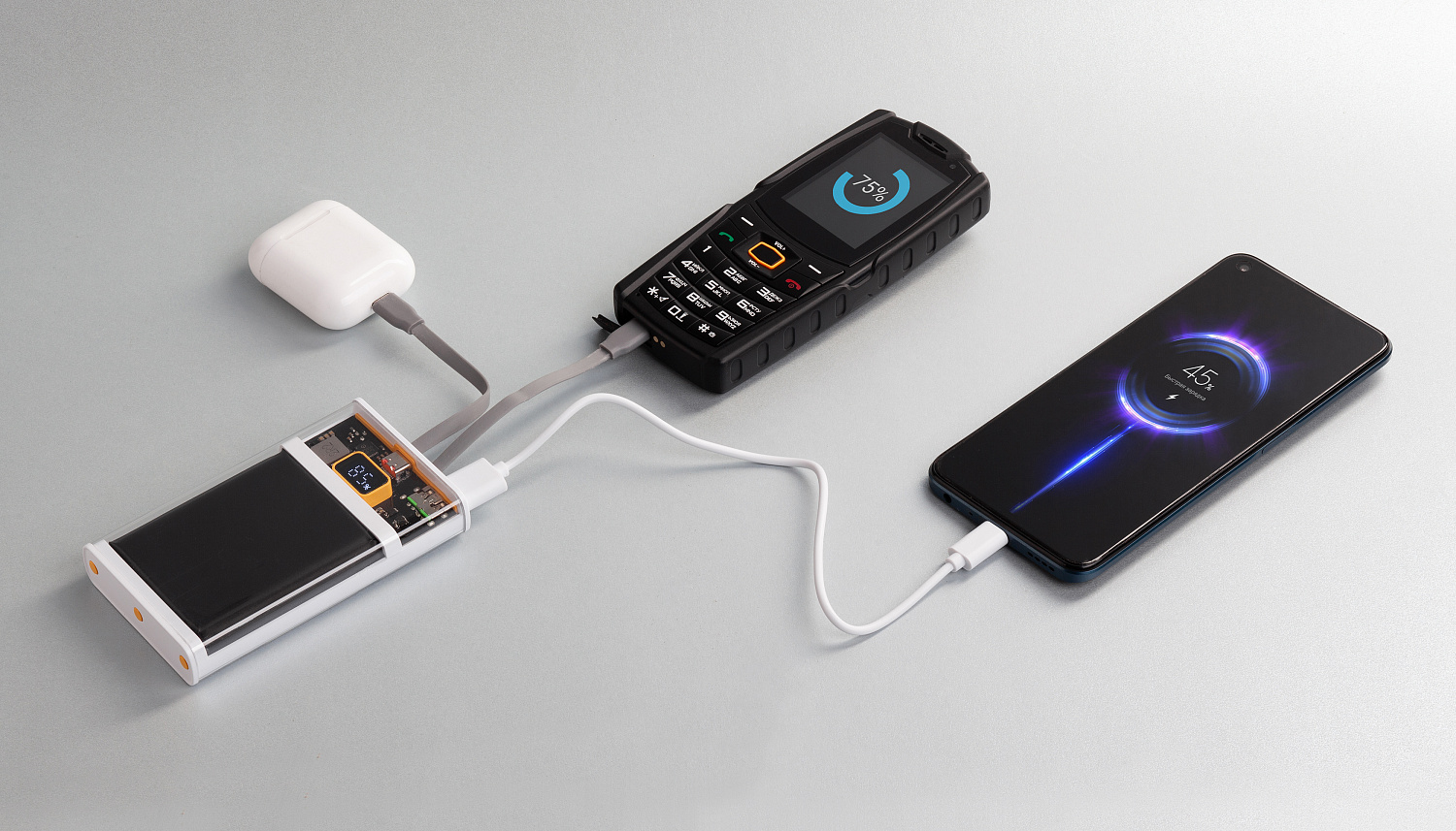 Зарядное (22.5W) устройство "Link" 10000 mAh с прозрачным корпусом, цифровым индикатором заряда и встроенными Type-C/Lightning кабелями Зарядное (22.5W) устройство "Link" 10000 mAh с прозрачным корпусом, цифровым индикатором заряда и встроенными Type-C/Lightning кабелями