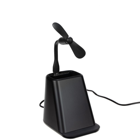 Настольный органайзер с зарядкой, лампой, вентилятором и подсветкой логотипа powerTower, черный Настольный органайзер с зарядкой, лампой, вентилятором и подсветкой логотипа powerTower, черный