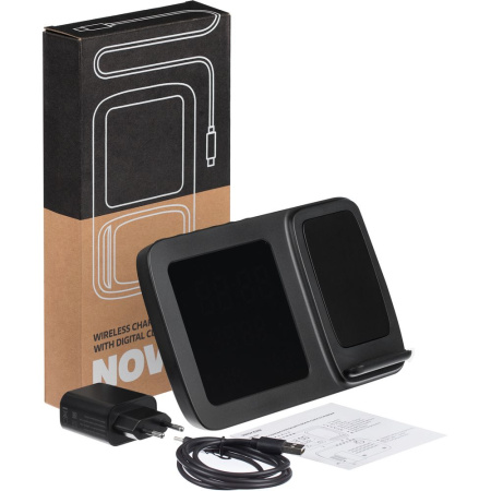 Станция беспроводной зарядки с часами и календарем и подсветкой логотипа Novem, черная Станция беспроводной зарядки с часами и календарем и подсветкой логотипа Novem, черная