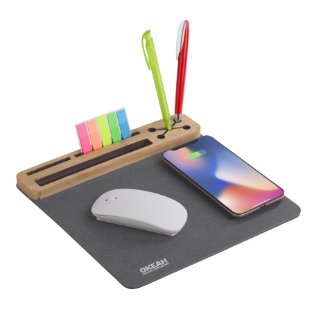 Настольная подставка с беспроводным зарядным устройством, переработанная кожа/бамбук Настольная подставка с беспроводным зарядным устройством, переработанная кожа/бамбук