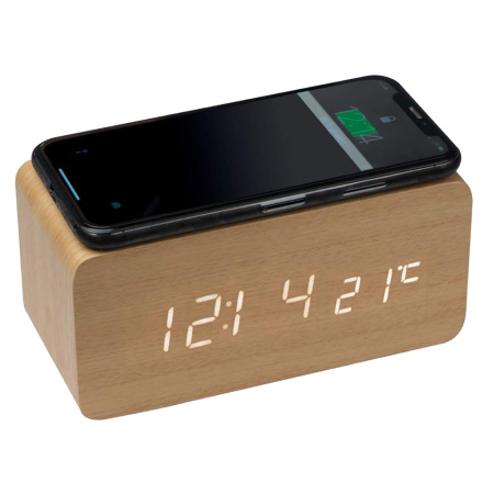 Часы настольные Wireless Time Hub с беспроводной зарядкой, термометром, календарем, темно-коричневые