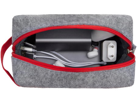 Органайзер для электроники и проводов Felt из RPET-фетра с ручкой, серый с красным