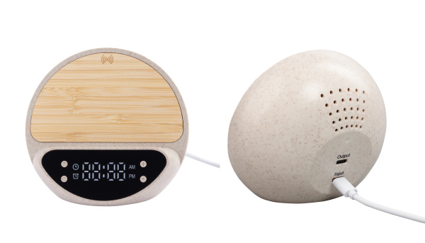 Настольные часы "Smiley" с беспроводным (10W) зарядным устройством и будильником, пшеница/бамбук/пластик Настольные часы "Smiley" с беспроводным (10W) зарядным устройством и будильником, пшеница/бамбук/пластик